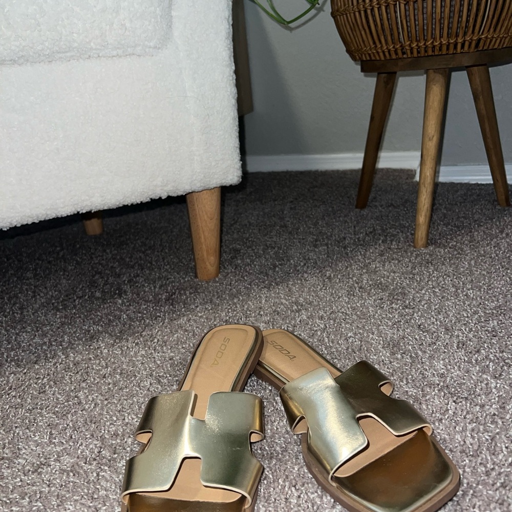 Soda Gold Slide Sandals with H Cut-Out Design - Picture 4 of 4